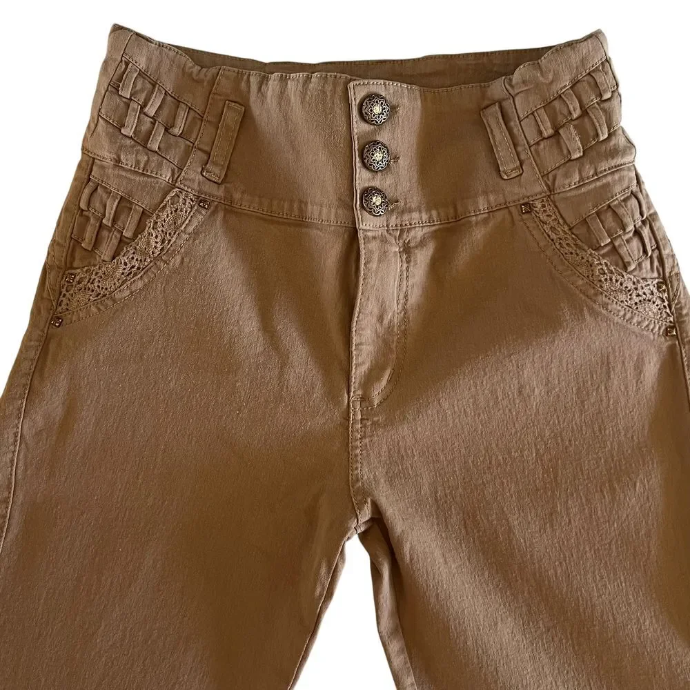 Top Women Khaki High-Waisted Pants No Pockets Size 11 Stretch fabric Casual wear
